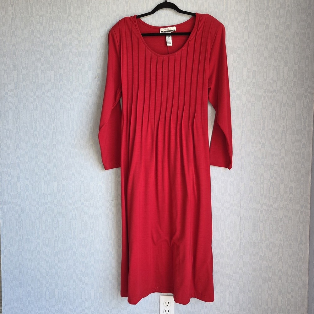 Vtg 90s Diana Marco‎ Dress 18 Jersey Pintuck Tie Back Maxi Red Cottage Holiday